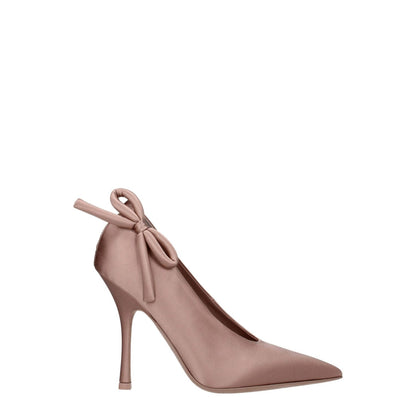 Valentino Garavani Pink Satin High Heel Pumps with pointy toe and side detail, featuring 11 cm leather sole, stylish and elegant design.