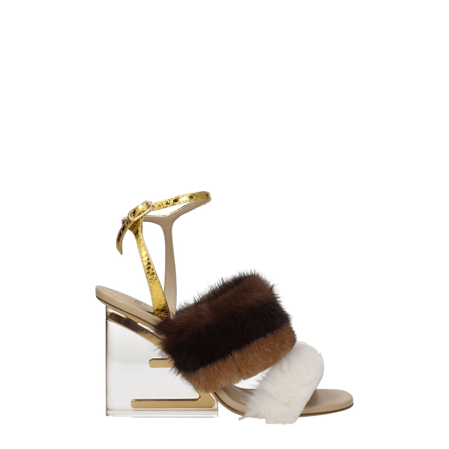 Fendi Brown Mink Strap-On Sandals with gold buckle closure, open toe, high heel, leather sole, and vintage side logo.