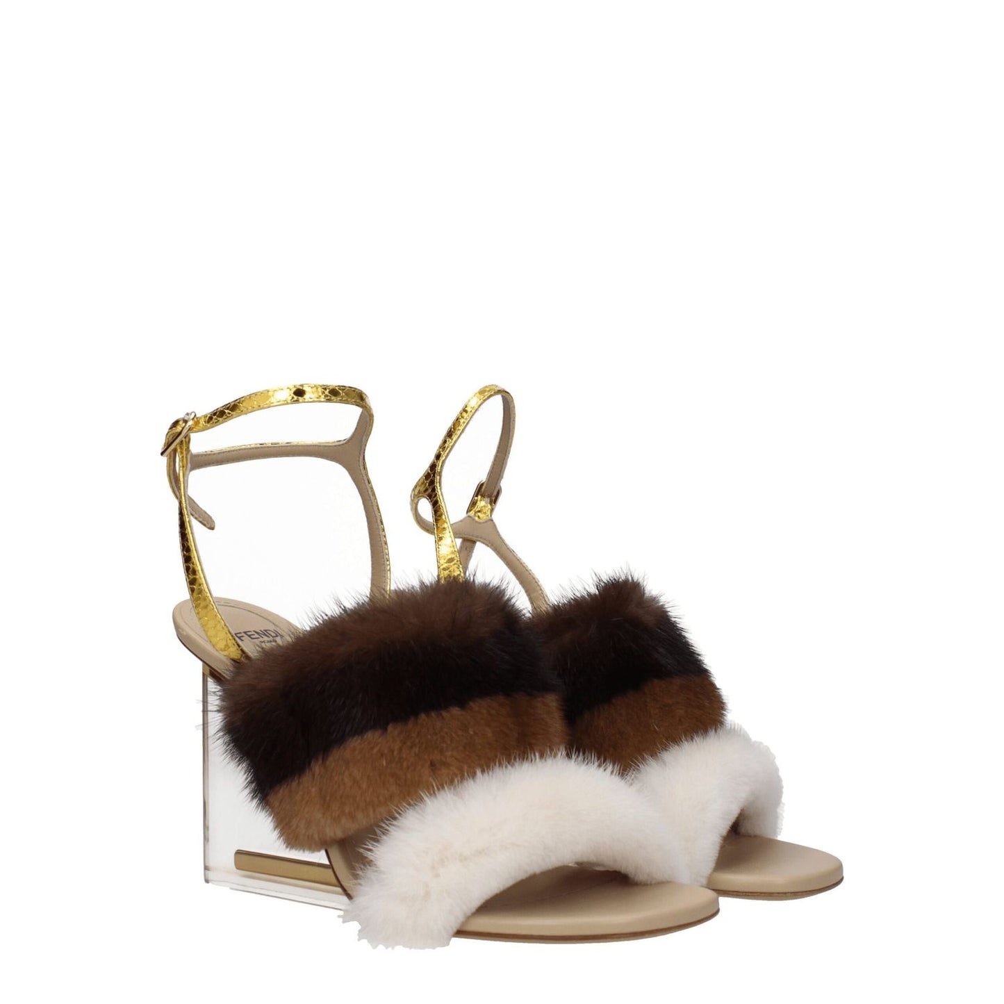 Fendi Brown Mink Strap-On Sandals with high heel, buckle closure, open toe, leather sole, vintage effect, gold accents