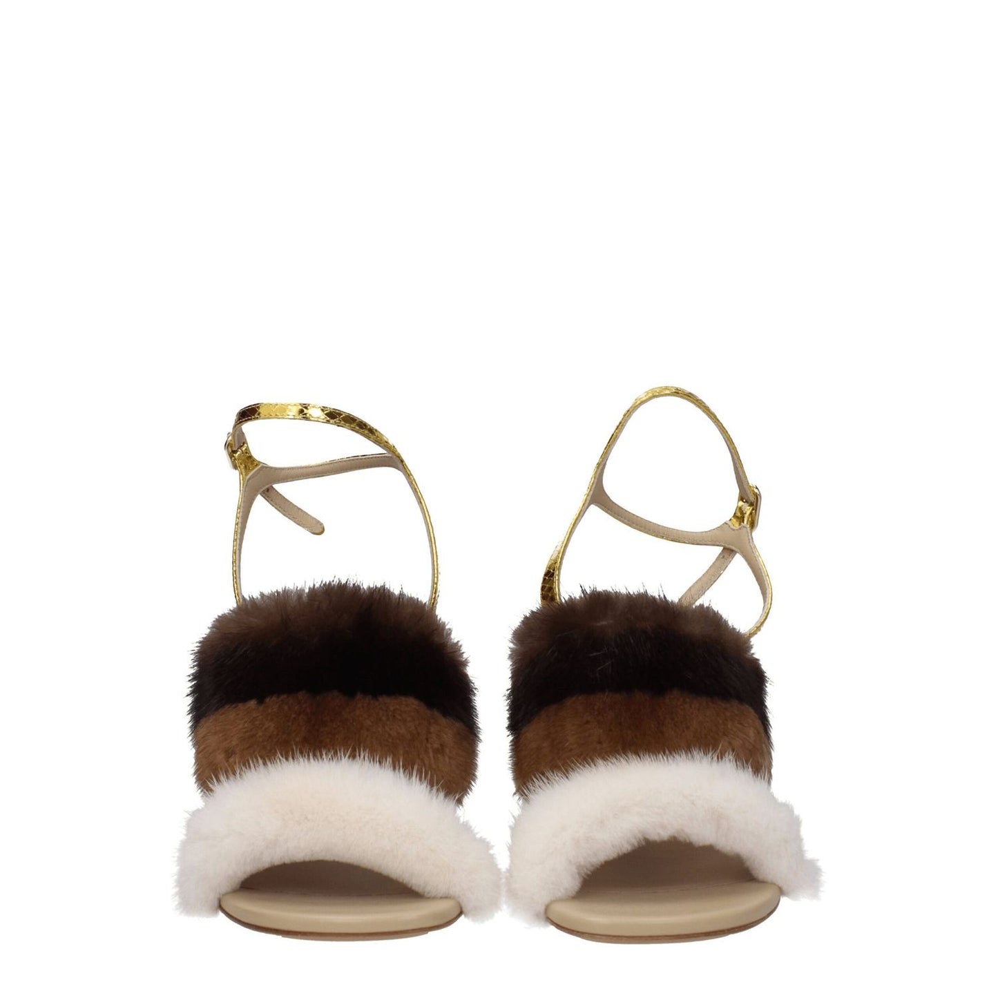 Fendi Brown Mink Strap-On Sandals with high heel, open toe, vintage effect, and gold buckle closure, made of snake leather and fur.