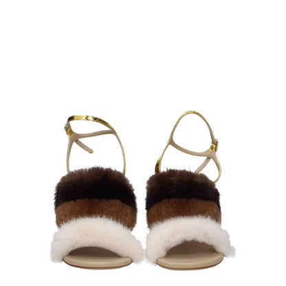 Fendi Brown Mink Strap-On Sandals with high heel, open toe, vintage effect, and gold buckle closure, made of snake leather and fur.