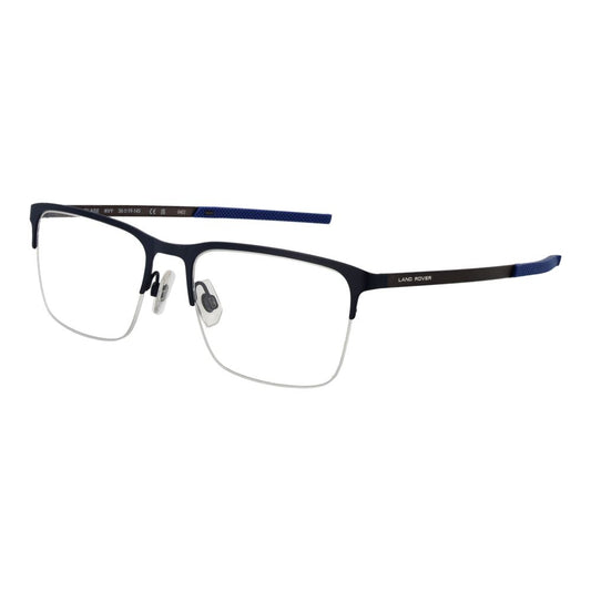 Land Rover Blue Men Glasses Frame in stainless steel, half-rim style with blue rectangle frames, demo lenses, and spring hinge.