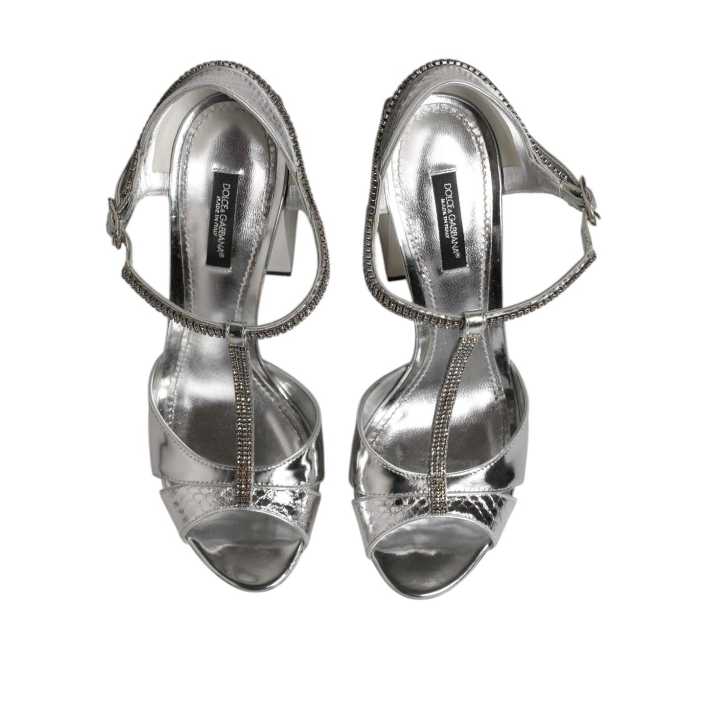 Dolce & Gabbana Silver Leather T-strap Heels Sandals Shoes