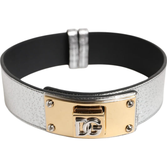 Dolce & Gabbana Silver Textured Leather Gold Tone Metal Neckband SMY11222