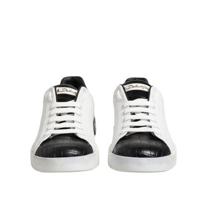Dolce & Gabbana White Black Leather Portofino Sneaker Shoes