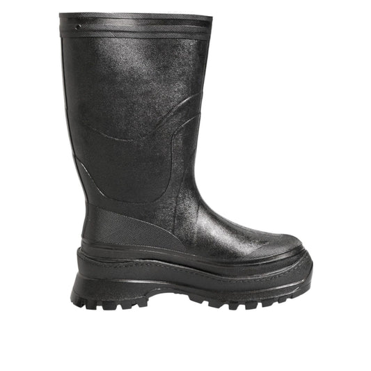 Dolce & Gabbana Metallic Black Pull On Rain Boots Men Shoes, sleek design, waterproof material, stylish footwear for men.