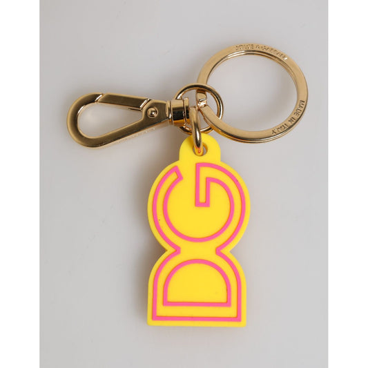 Dolce & Gabbana Yellow Rubber Gold Tone Metal DG Logo Keyring Keychain with engraved details