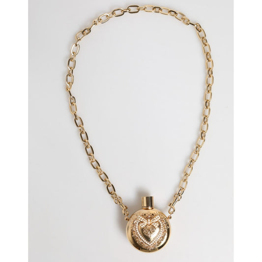 Dolce & Gabbana Gold Brass Rhinestone Devotion Charm Pendant Necklace with lobster lock, showing minor scratches and dents on pendant.