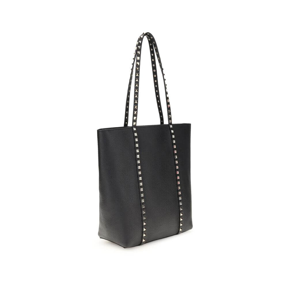 Valentino Garavani Black Calf Leather Bos Taurus Shoulder Bag with platinum studs and grained finish, side view