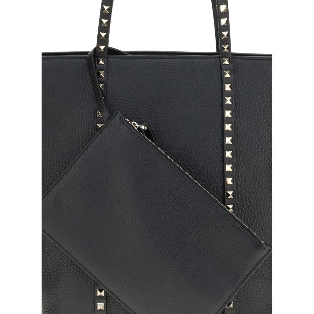Valentino Garavani Black Calf Leather Bos Taurus Shoulder Bag with iconic platinum-finish studs and removable pouch.