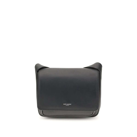 Front view of Saint Laurent Black Calf Leather Bos Taurus Shoulder Bag with embossed logo and suede flap.