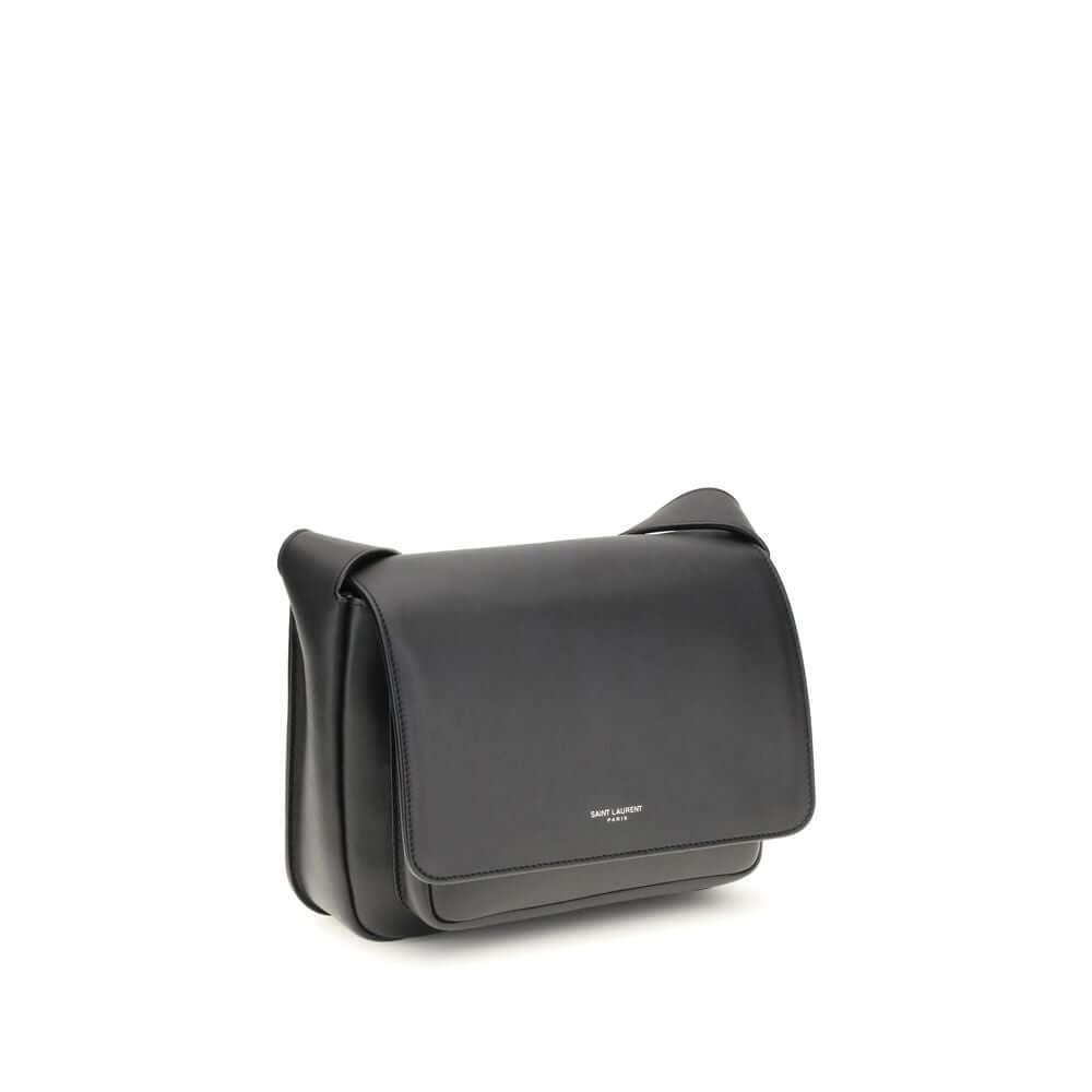 Saint Laurent Black Calf Leather Bos Taurus Shoulder Bag with front flap and adjustable shoulder strap.
