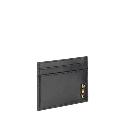 Saint Laurent Black Calf Leather Bos Taurus Wallet with embossed brass logo, calfskin card holder, AW25 collection.