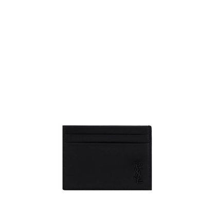 Saint Laurent Black Calf Leather Bos Taurus Wallet card holder with logo, AW25 collection, 100% calfskin, dimensions 11x11 cm.
