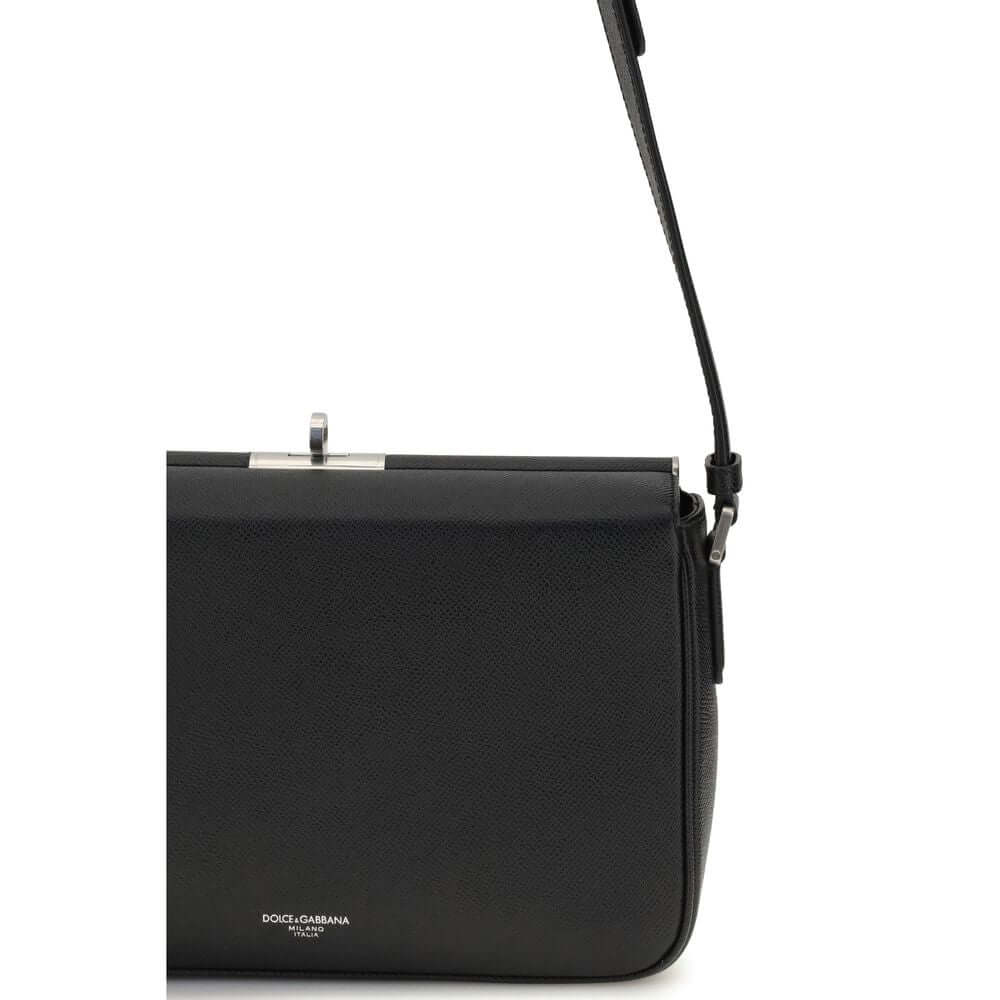 Dolce & Gabbana Black Calf Leather Bos Taurus Shoulder Bag with adjustable strap and metal zipper closure.