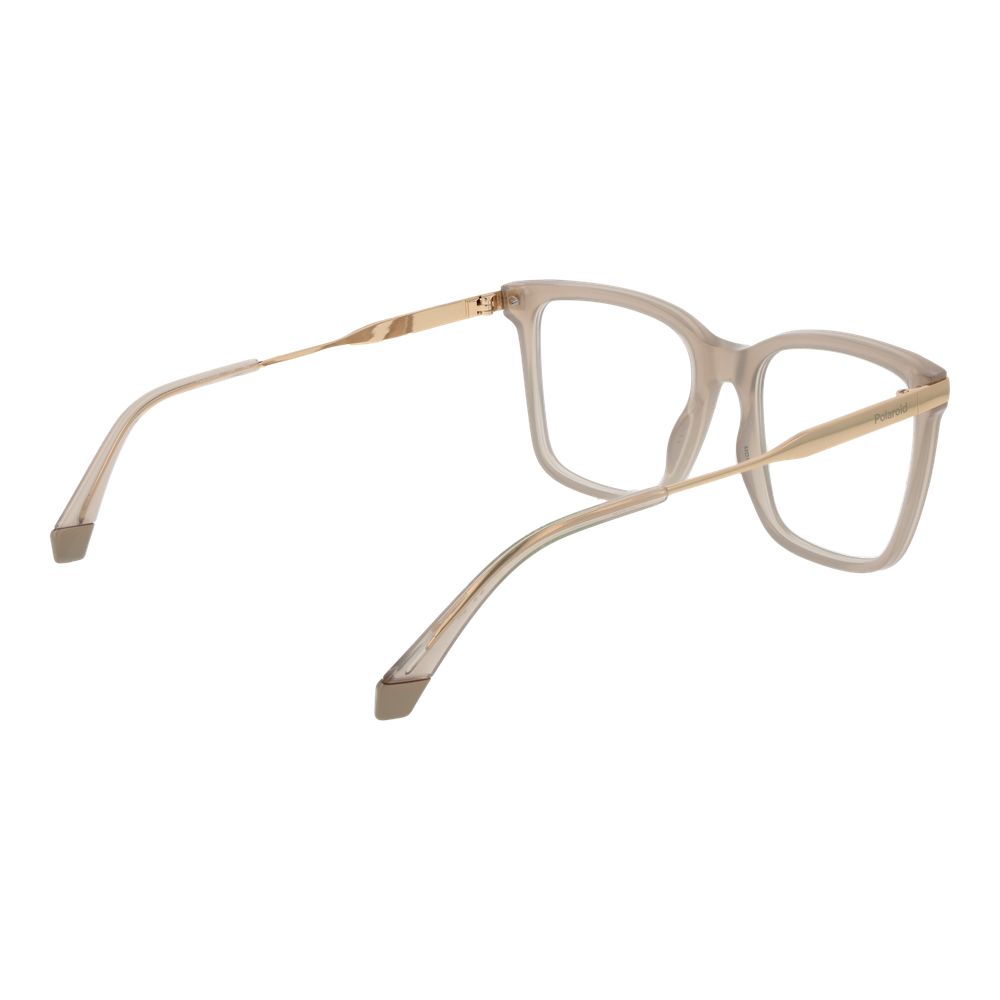 Polaroid Beige Unisex Glasses Frame, full-rim, square style, with demo lenses, showcasing beige polyamide material with gold accents.