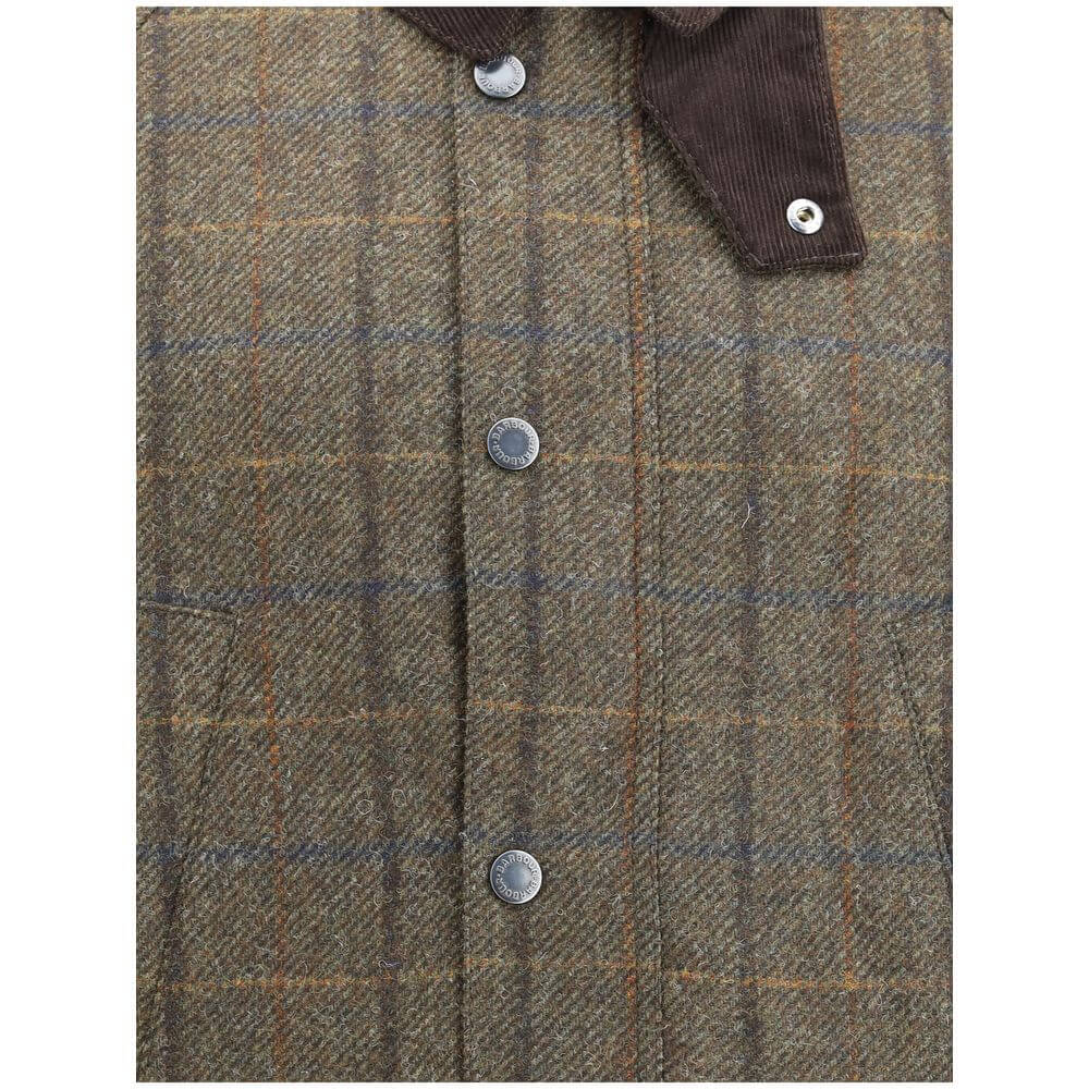 Close-up of Barbour Green Wool Coat with check pattern, corduroy collar, and snap buttons, showcasing timeless British style and craftsmanship.