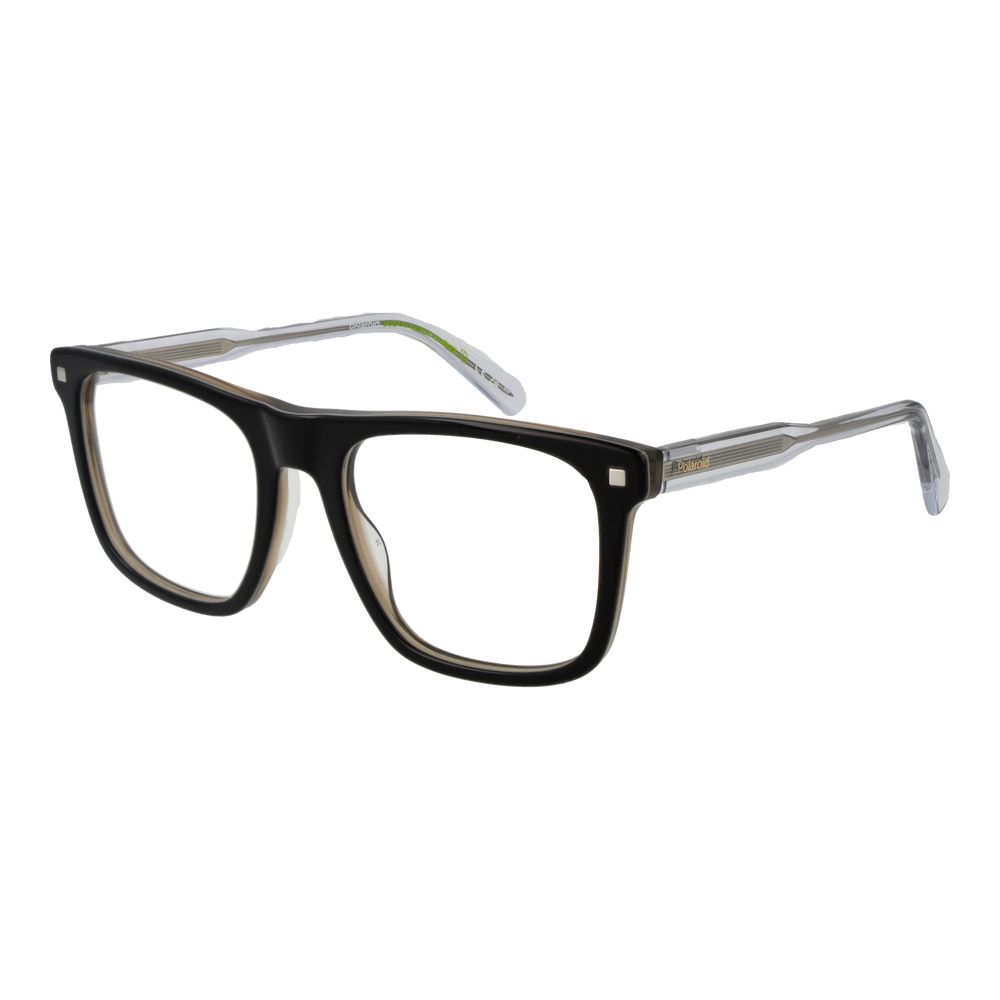 Polaroid Black Men Glasses Frame, full-rim acetate with demo lenses, rectangular style, size 53-19-145, spring hinge feature.