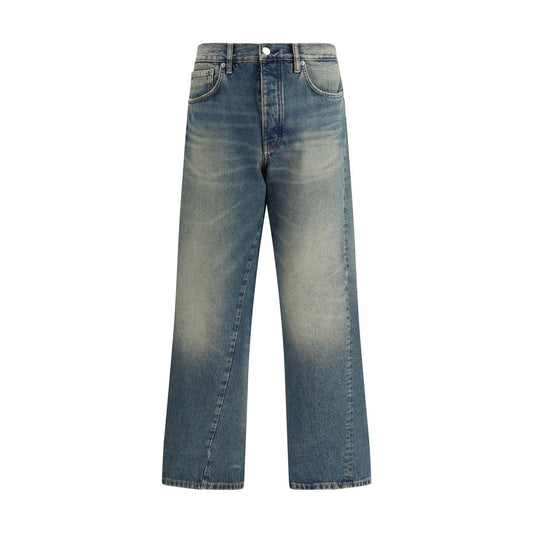 Sunflower Blue Cotton Jeans Denim with wide bold cut and recycled metal trim, featuring a vintage wash for a modern aesthetic.