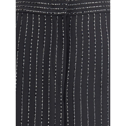 Giorgio Armani Black Silk Casual Pants with pinstripe embroidery and sequin details, showcasing elegance and glamour.