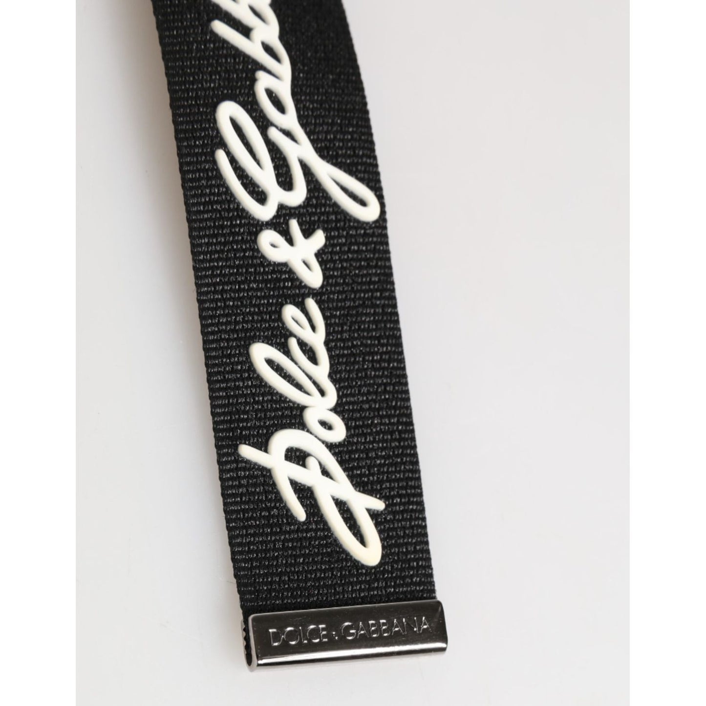 Dolce & Gabbana Black White Polyester DG Logo Silver Men Keychain Keyring detail with logo engraving on hardware.