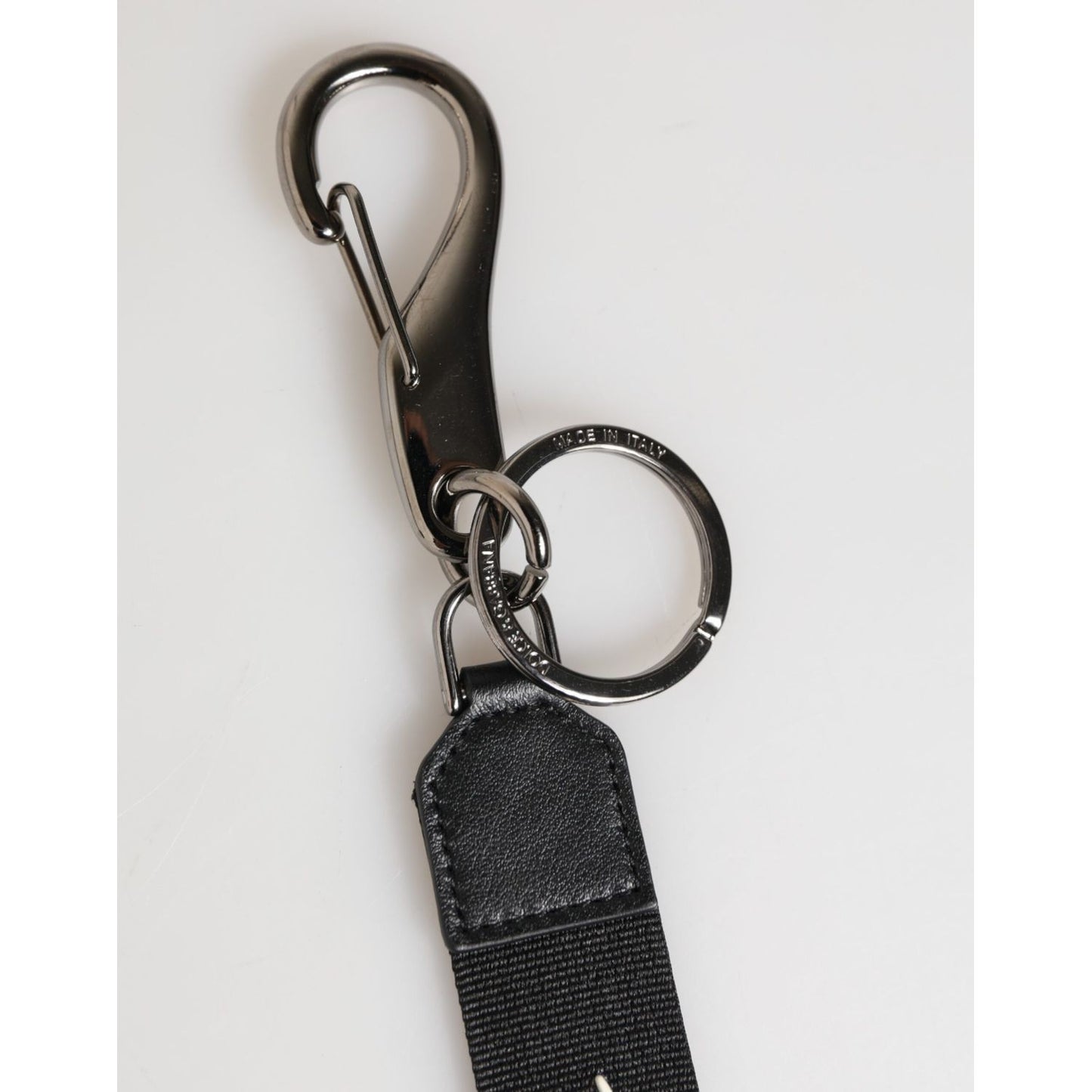Dolce & Gabbana Black White Polyester DG Logo Silver Men Keychain Keyring with silver hardware and logo details.