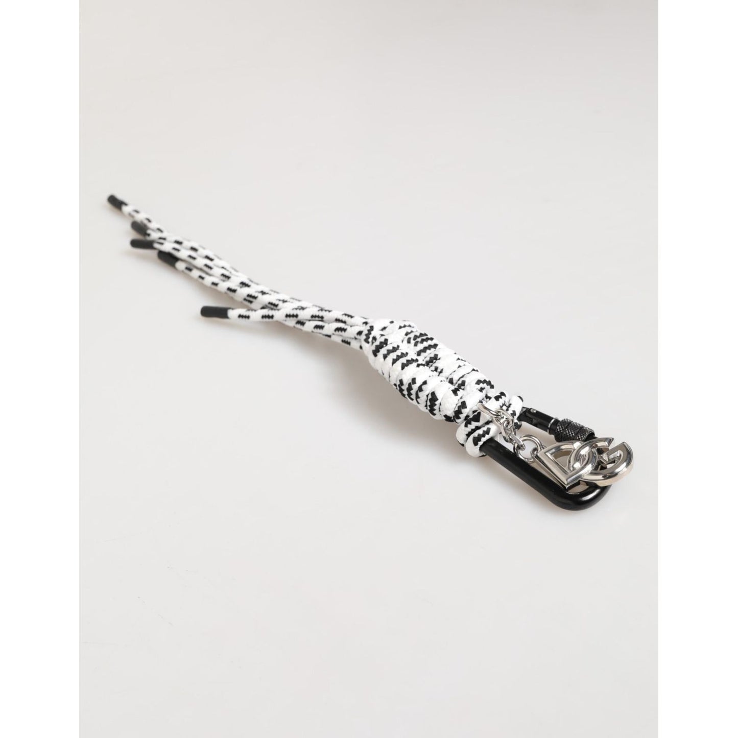 Dolce & Gabbana Multicolor Polyester Tape String DG Logo Keychain Keyring with metal hardware on a white surface.