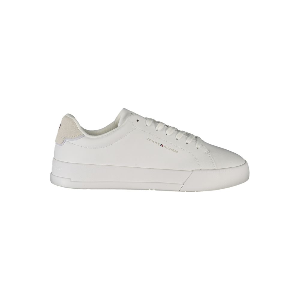 Alt Tag: Tommy Hilfiger White Leather Men Sneaker with grey accents and logo, showcasing sleek design and casual sophistication.