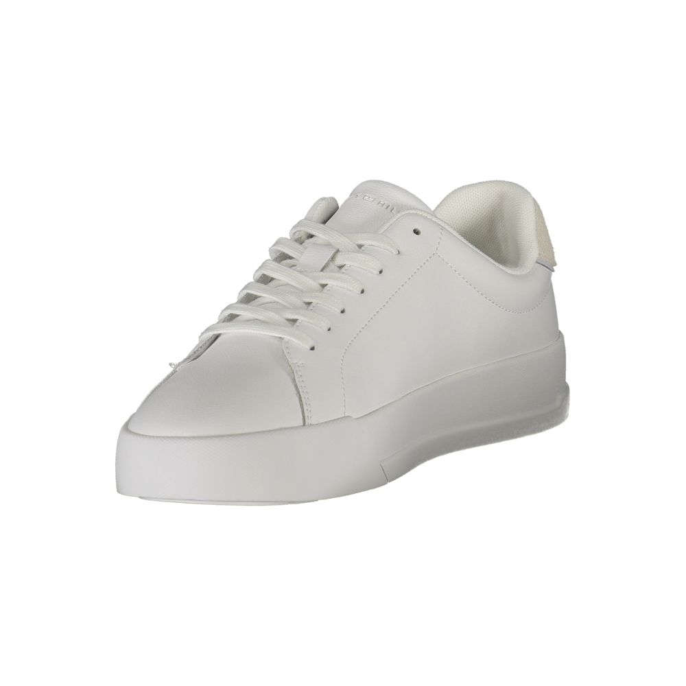 Tommy Hilfiger White Leather Men Sneaker with grey accents and iconic logo, showcasing style and comfort in casual sophistication.