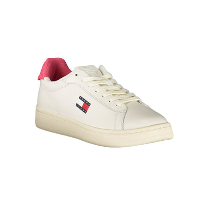 Tommy Hilfiger White Leather Women Sneaker with fuchsia accents and logo, featuring lace-up design and removable footbed.