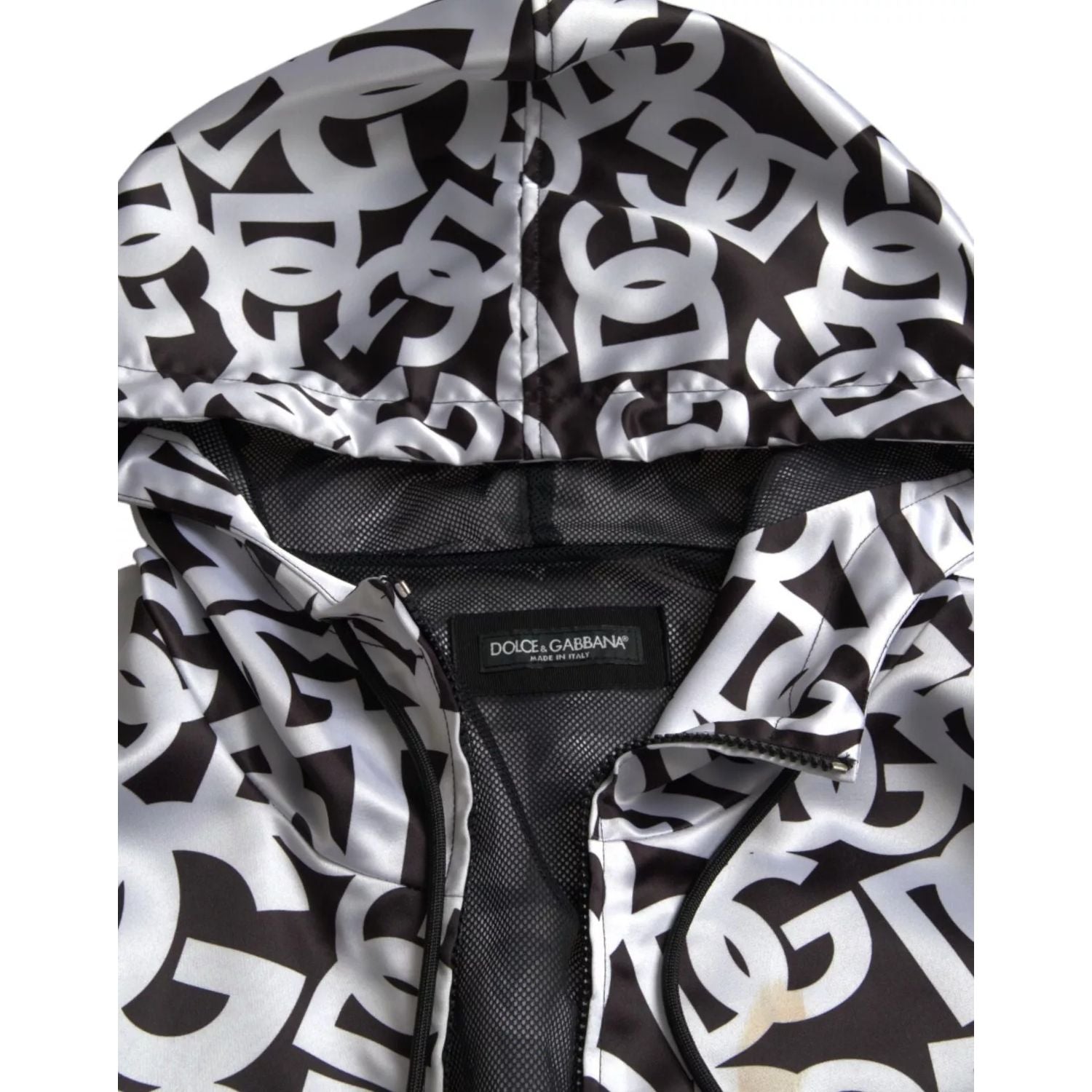 Dolce & Gabbana White Black Logo Hooded Full Zip Bomber Jacket