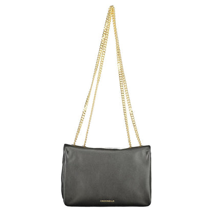 Coccinelle Black Leather Women Handbag with golden chain shoulder straps, showcasing luxury Italian design and sophistication.