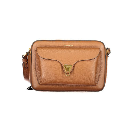 Coccinelle Brown Leather Women Handbag with adjustable strap and twist closure on pocket
