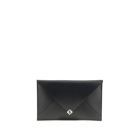 Fendi Black Leather Clutch Bag with snap-button closure and metallic accessories, featuring 8 card slots and a practical cuff handle.
