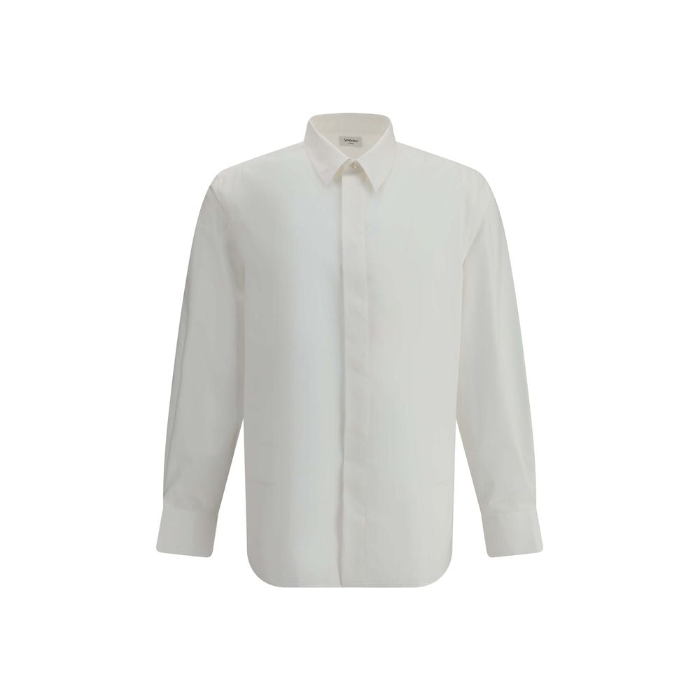 Saint Laurent White Cotton Dress Shirt with classic collar and concealed buttons, ideal for a sophisticated, timeless style.