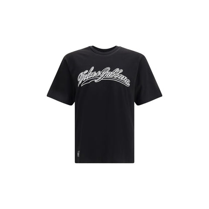 Dolce & Gabbana Black Cotton T-Shirt with logo patch and ribbed crew neck, design for AW25 season, 100% cotton, regular fit.