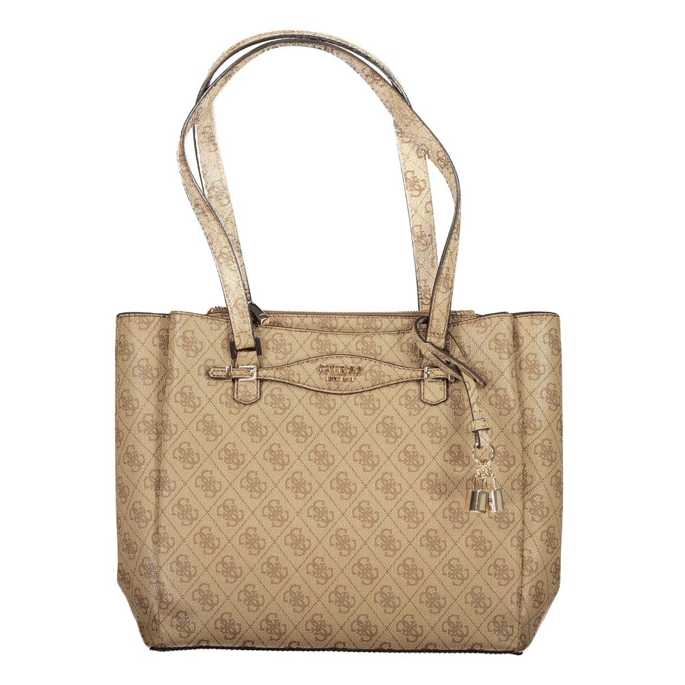 Guess Jeans Beige Polyethylene Women Handbag with logo pattern, stylish design, and practical compartments for essentials.