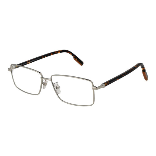 Ermenegildo Zegna Silver Men Glasses Frame, full-rim rectangle style, metal, 57-15-145, silver tone with demo lenses.