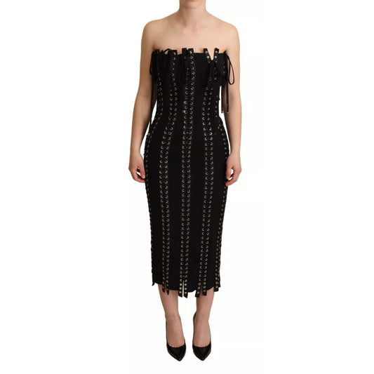 Dolce & Gabbana Black Cady Sleeveless Lace Up Bodycon Dress