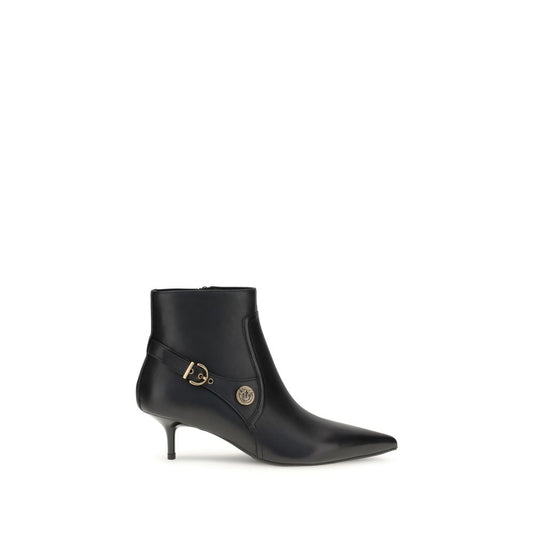 PINKO Black Calf Leather Bos Taurus Ankle Boots with almond toe, side zipper, and logo buckle detail.