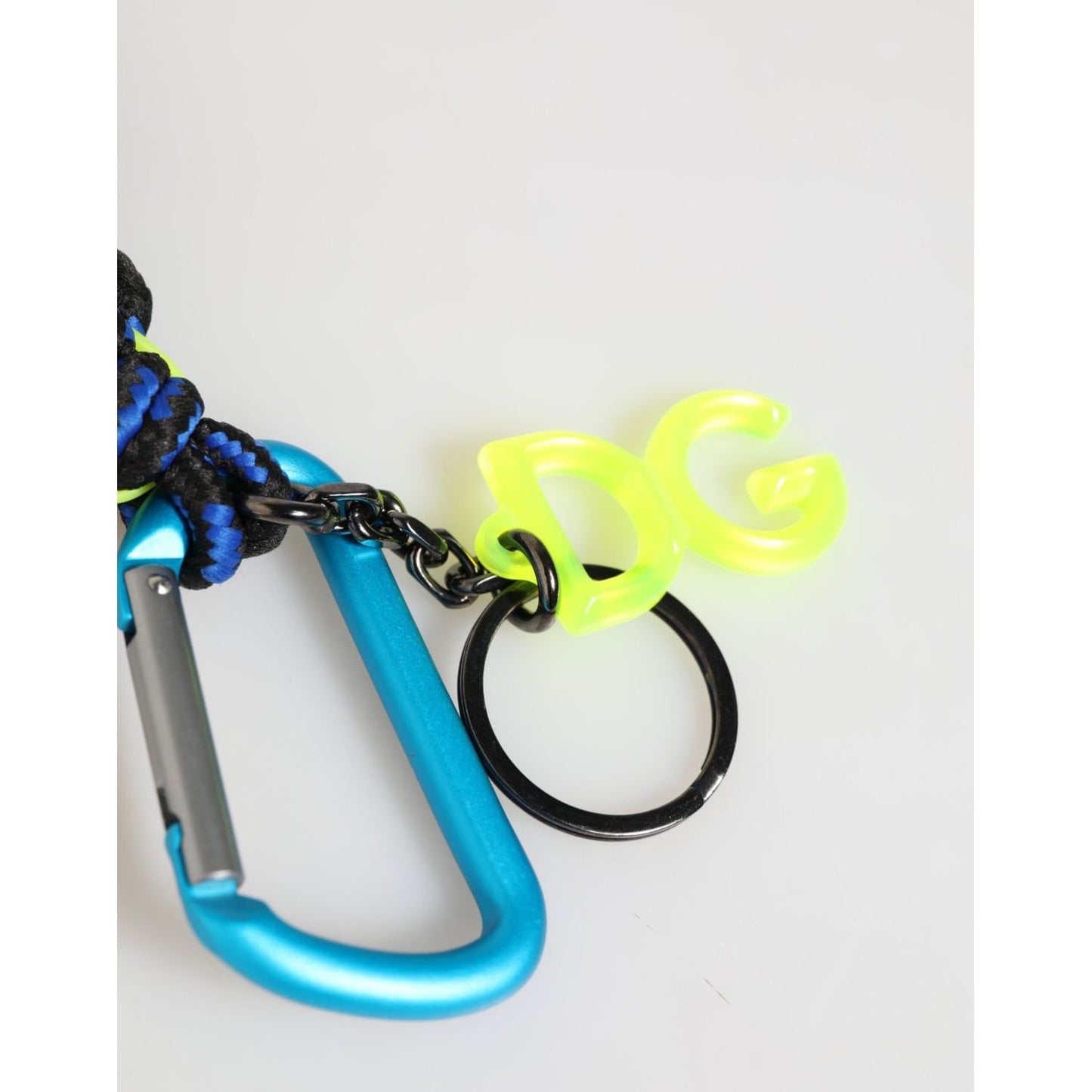 Dolce & Gabbana Multicolor Polyester Tape String DG Logo Keychain Keyring with neon green DG logo and blue carabiner clip.