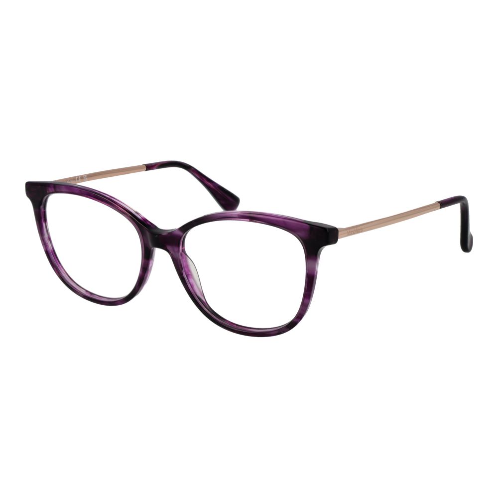 Max Mara Purple Women Glasses Frame in oval full-rim style, made from acetate with demo lenses, model showcasing 52mm lens width.
