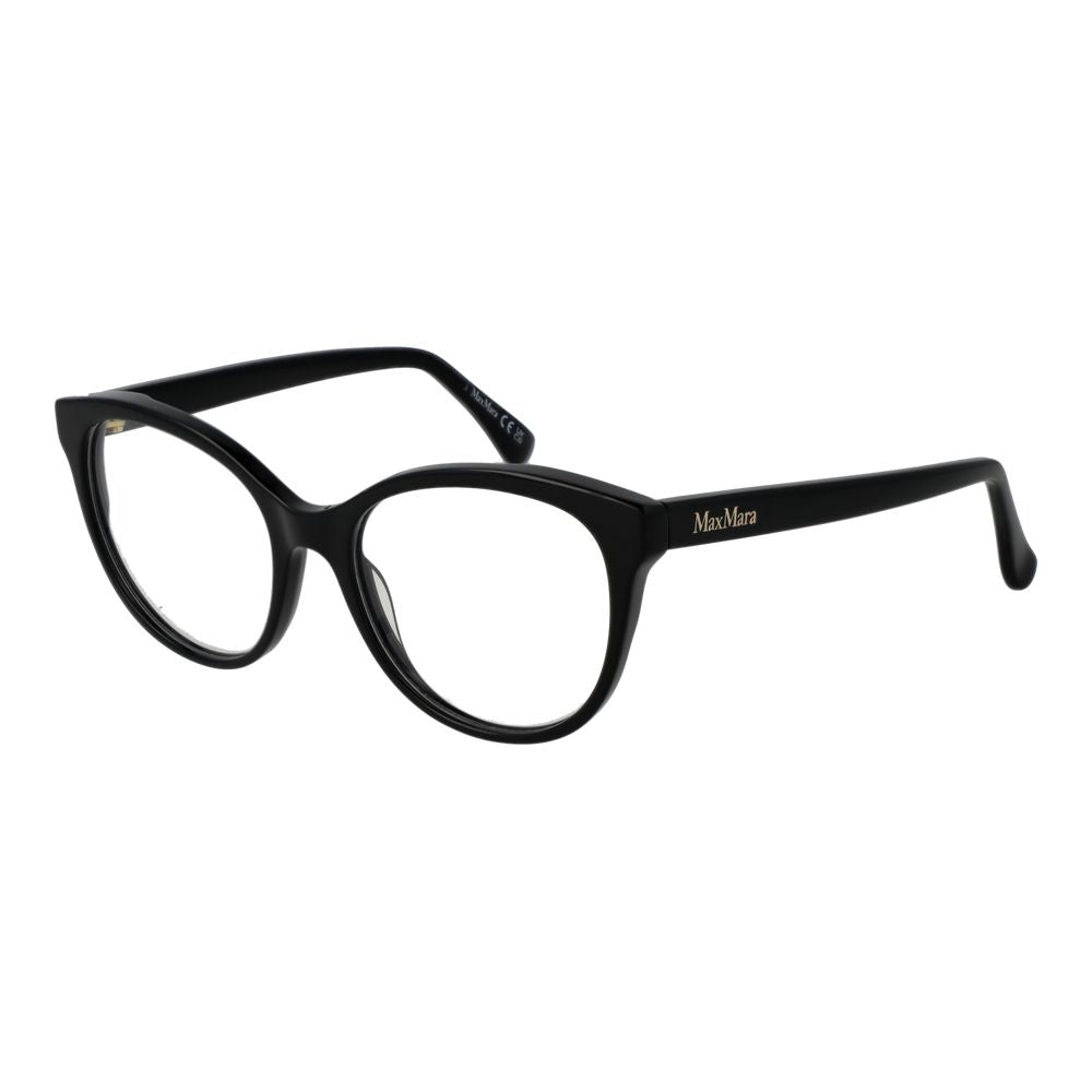 Max Mara Black Women Glasses Frame in acetate, full-rim round style with demo lenses, includes branded case, lens width 52mm, temples 140mm.