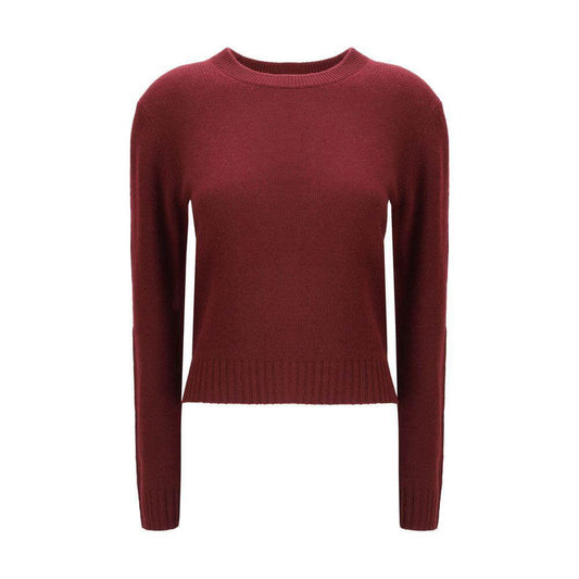 Allude Cashmere Sweater with ribbed crew neck, cuffs, and hem, shown in red. Perfect timeless classic for winter wardrobe.