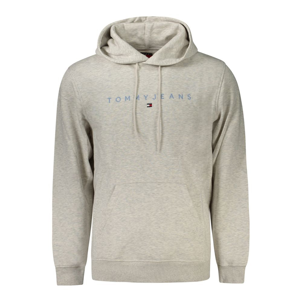 Tommy Hilfiger Gray Cotton Men Sweater with logo embroidery and central pocket, long-sleeved eco-conscious hoodie.