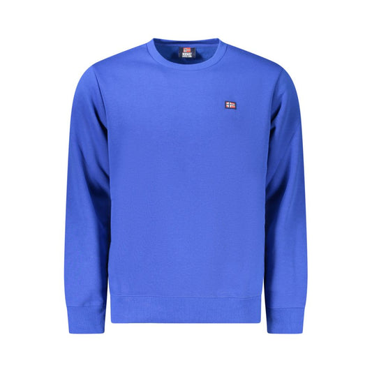 Norway 1963 Blue Cotton Mens Sweater, long-sleeved crew neck, applique logo, cozy and stylish fashion for men.