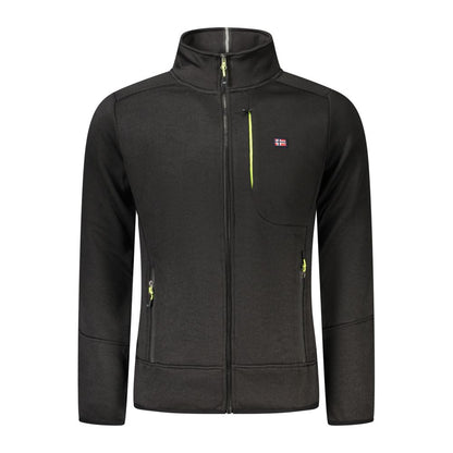 Norway 1963 Black Polyester Men Sweater with zipper and pockets, sleek design with applique logo for urban sophistication.