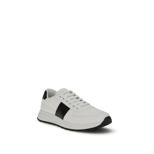 Prada Leather Sneakers in two-tone design with lace-up closure, featuring reinforced toe and iconic logo, made in Italy.