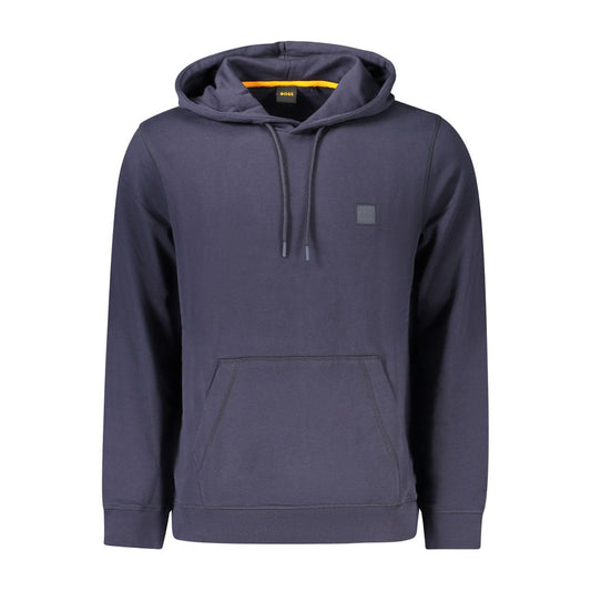 Hugo Boss Blue Cotton Men Sweater with hood, front pocket, and logo embroidery, crafted for comfort and style in premium cotton.