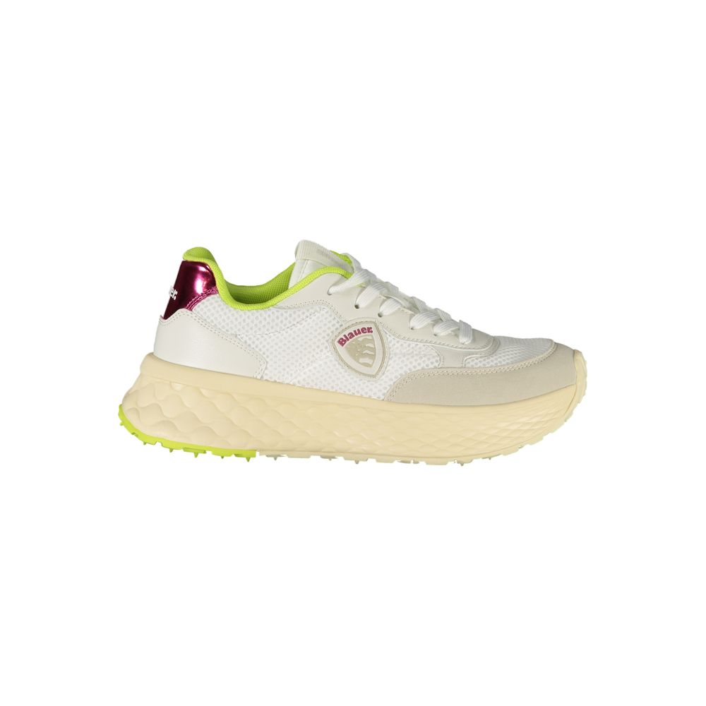 Blauer White Polyester Sneaker with green and fuchsia details, lace-up sport shoe, featuring removable insole and logo application.